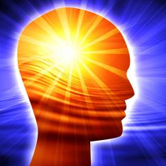 On a blue background a profile of a head has sunny rays emanating from its center over ocean waves.